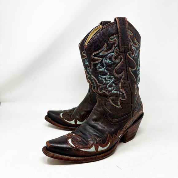 Corral Cowboy Boots Womens Size 6M Dark Brown Leather Turquoise Stitching - Picture 1 of 10